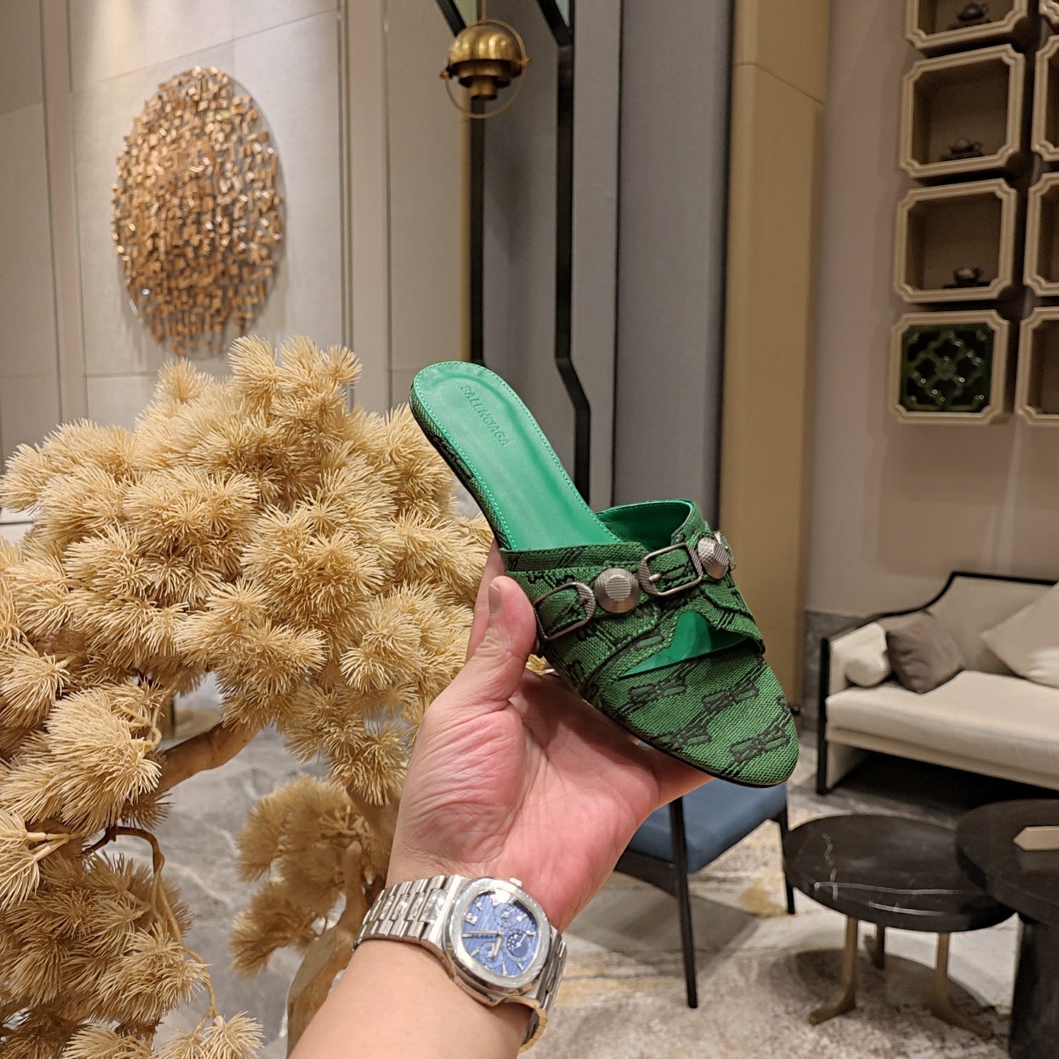 Balenciaga 26s Flat Slippers Dark Green Canvas Leather  681307