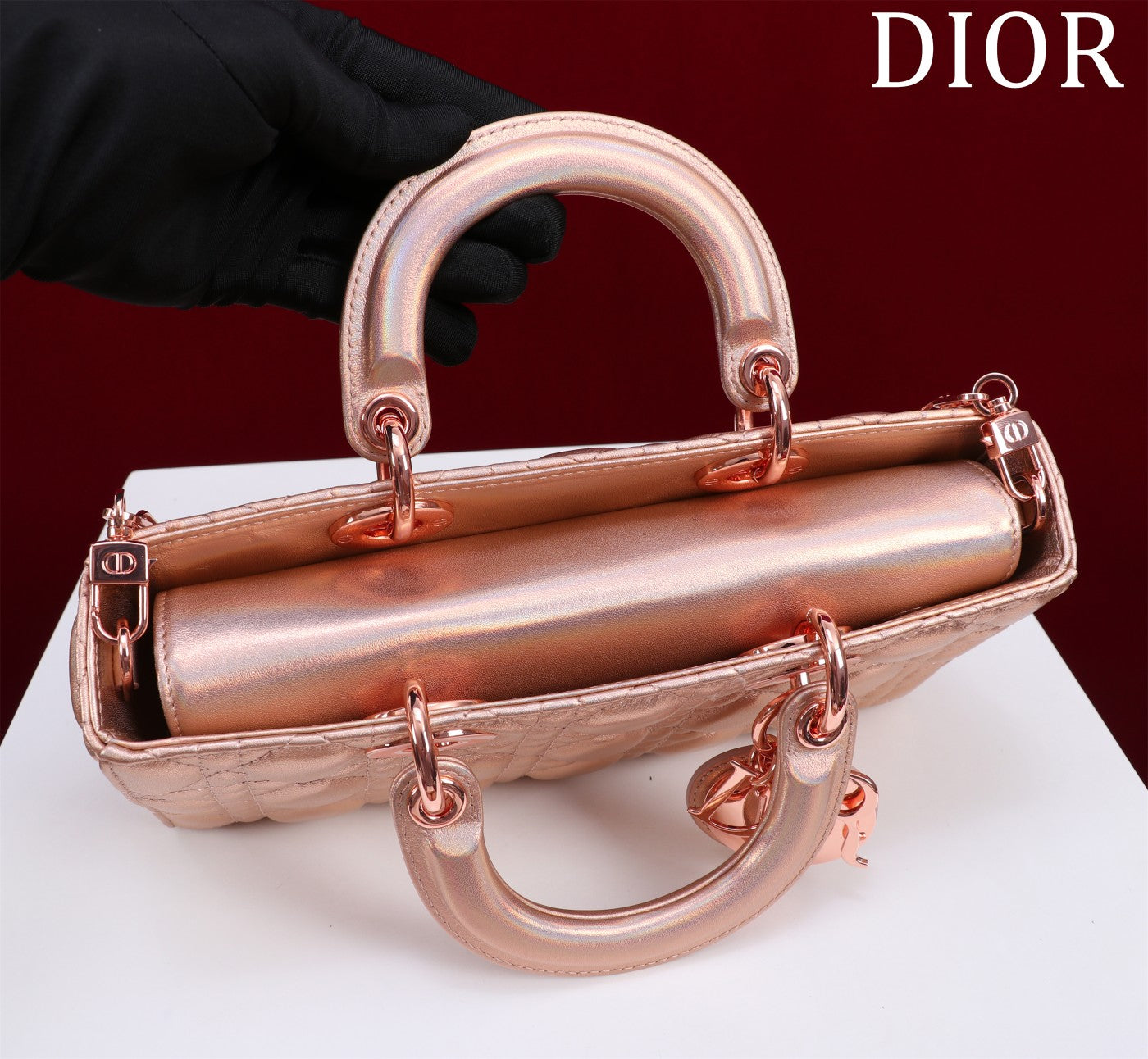 medium lady d-joy 26 rose metalic lambskin