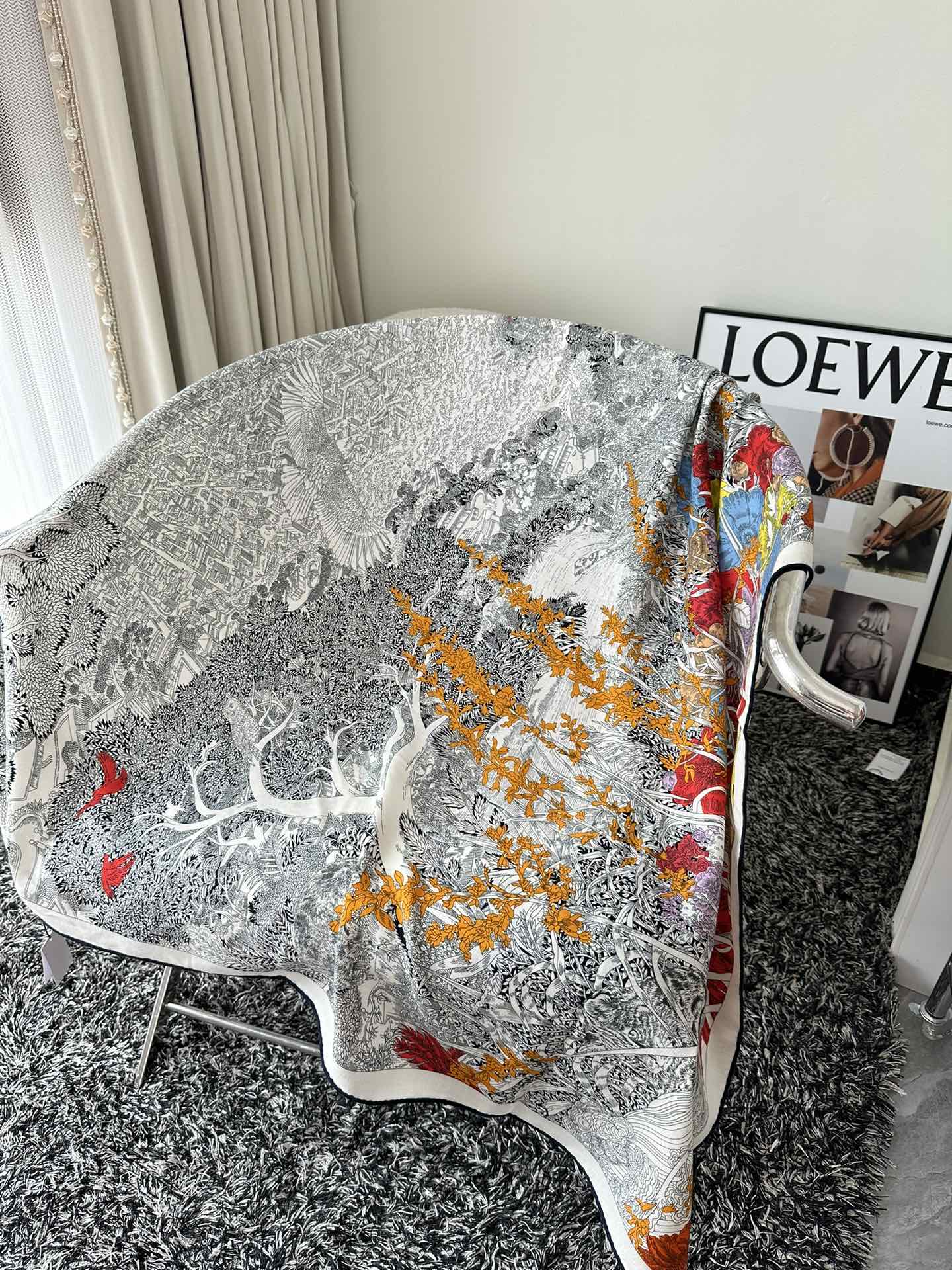 Retour A La Nature Shawl 140 CM White Black Colorful Silk