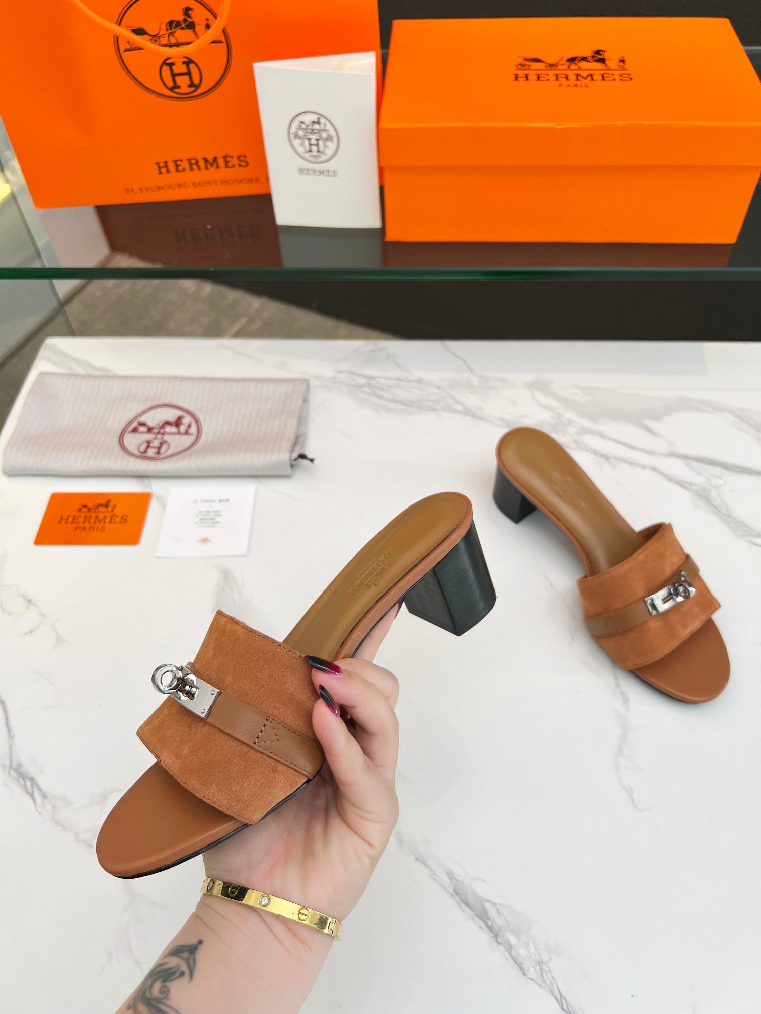 Gigi 50 Sandal Tan Suede Tan Calfskin