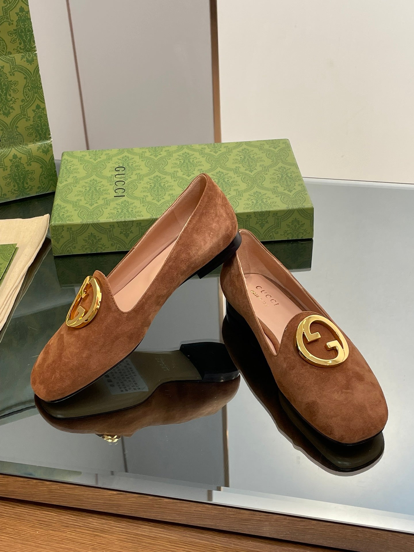 Blondie Logo Plaque Loafers In Bronze Brown Suede With Gold Hardware