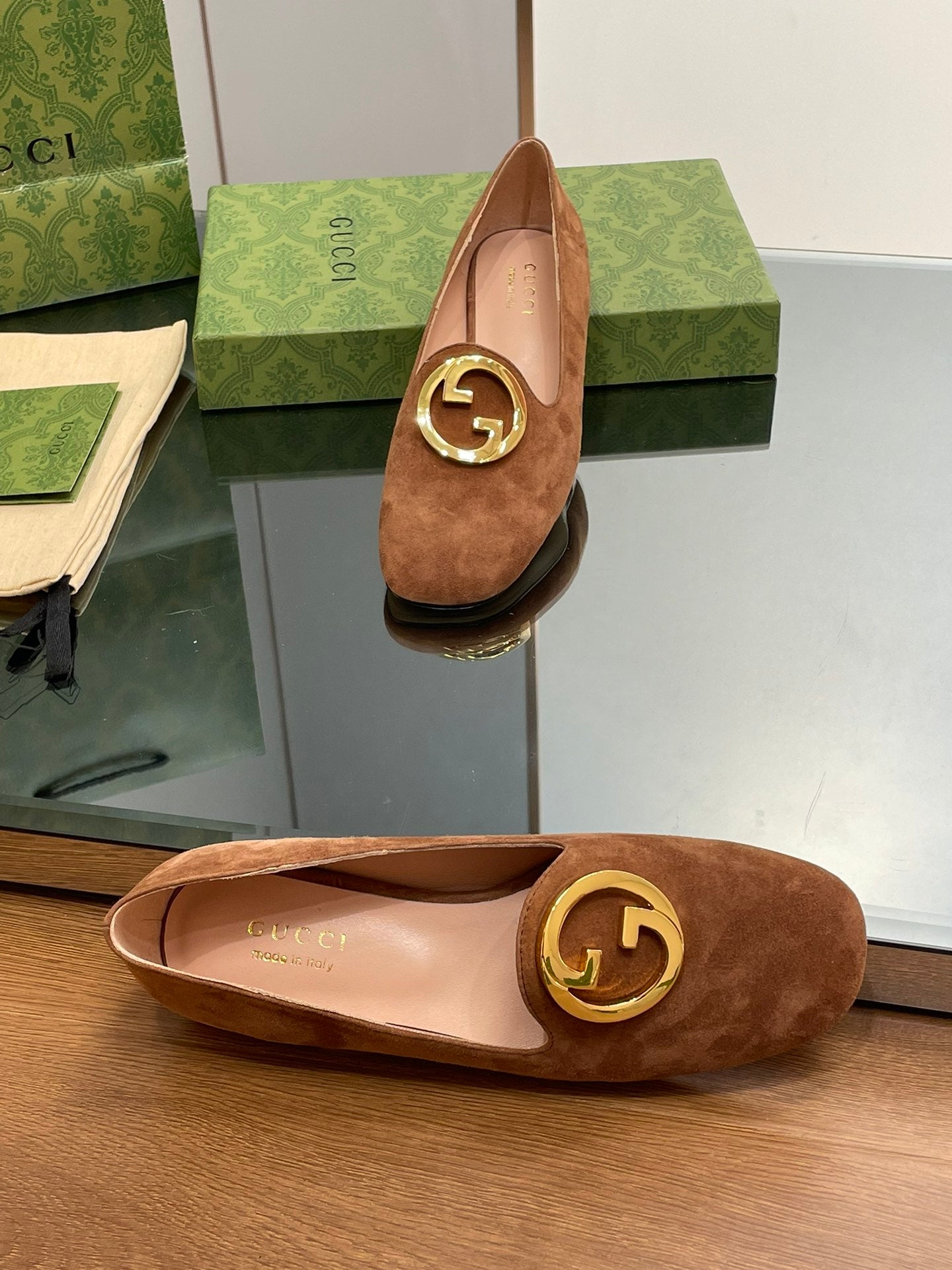 Blondie Logo Plaque Loafers In Bronze Brown Suede With Gold Hardware