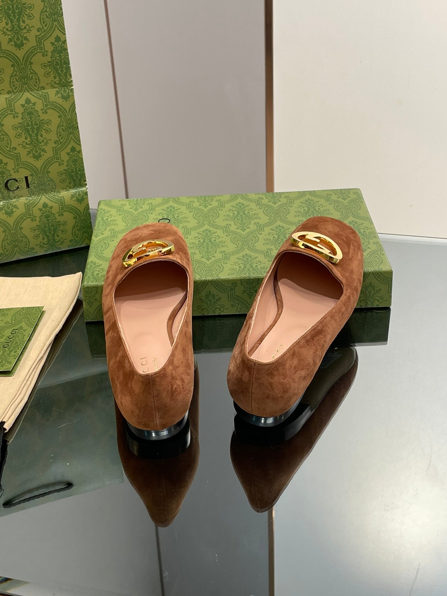 Blondie Logo Plaque Loafers In Bronze Brown Suede With Gold Hardware