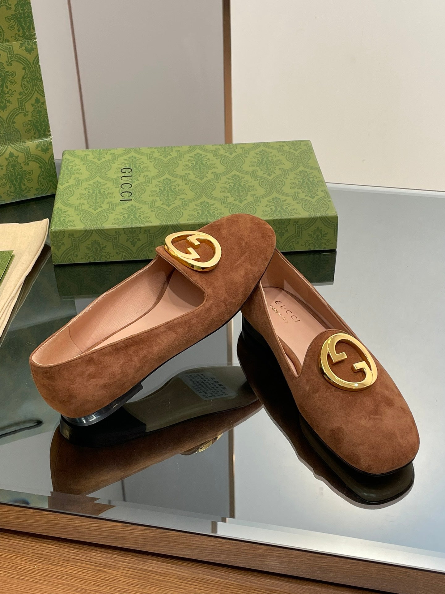 Blondie Logo Plaque Loafers In Bronze Brown Suede With Gold Hardware