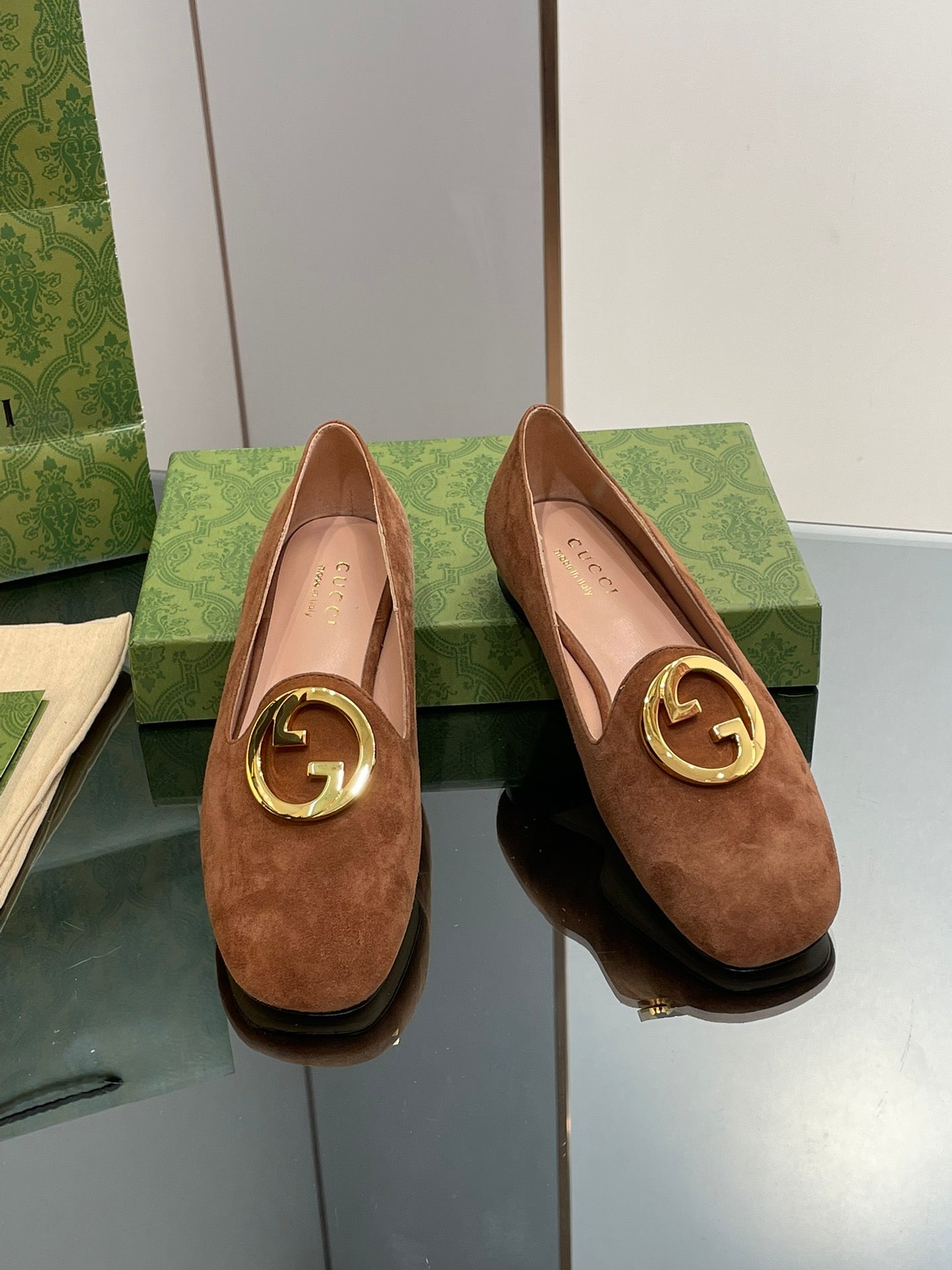Blondie Logo Plaque Loafers In Bronze Brown Suede With Gold Hardware