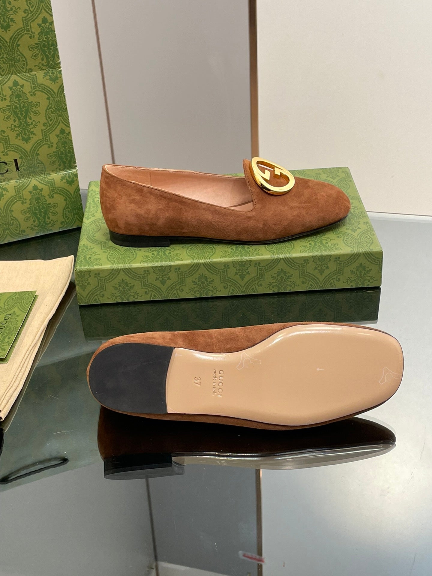 Blondie Logo Plaque Loafers In Bronze Brown Suede With Gold Hardware
