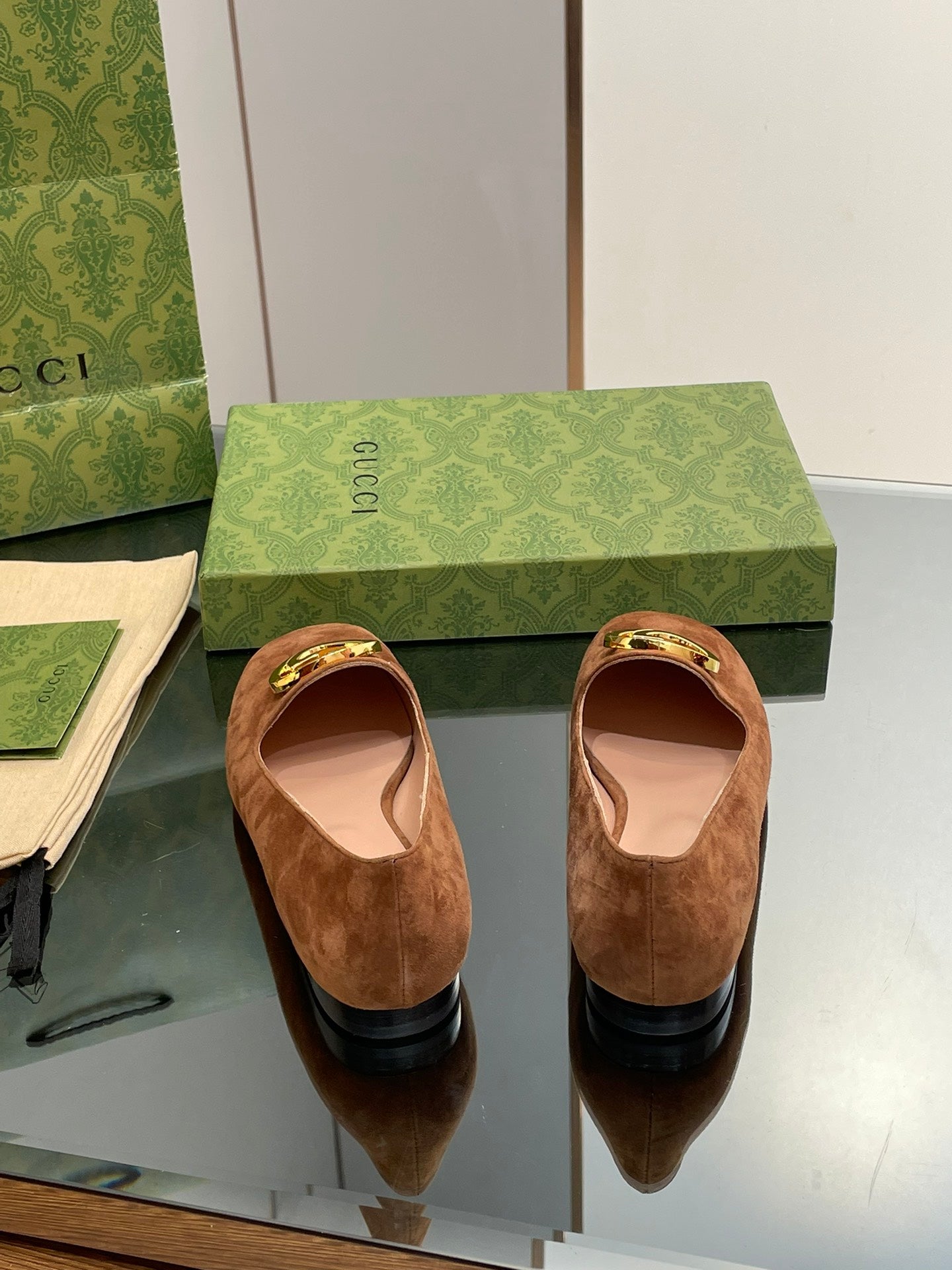 Blondie Logo Plaque Loafers In Bronze Brown Suede With Gold Hardware