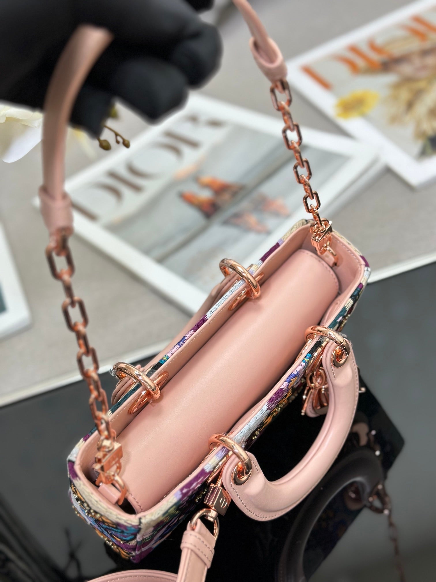Dior 2026 Embroidered Floral Bag 22cm Pink Mix Colors Fabric Leather 158576
