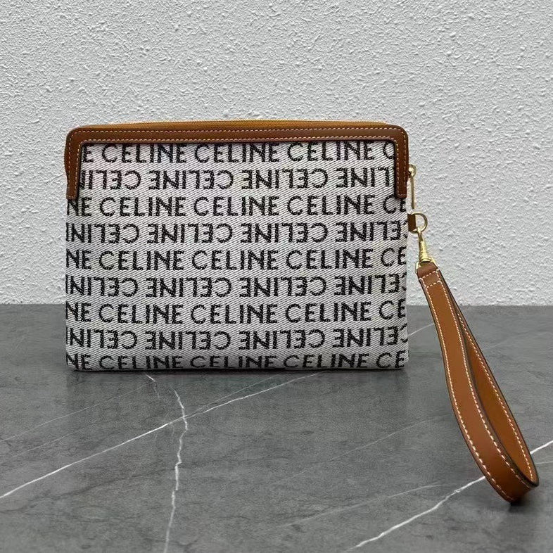 Celine 2026 Pouch With Strap 24cm White Tan Textile Calfskin 281834