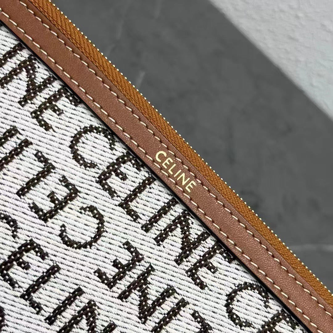 Celine 2026 Pouch With Strap 24cm White Tan Textile Calfskin 281834