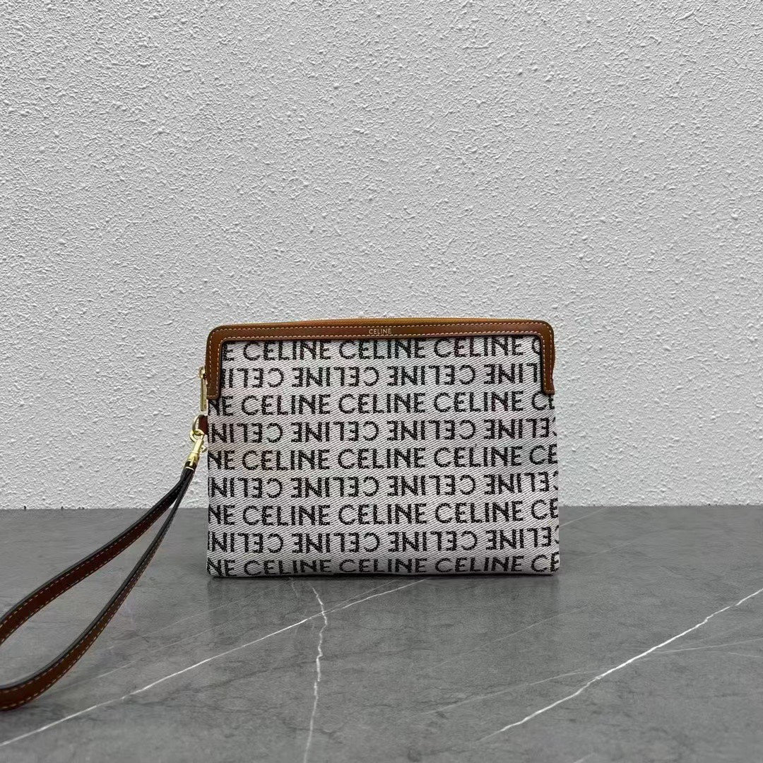 Celine 2026 Pouch With Strap 24cm White Tan Textile Calfskin 281834