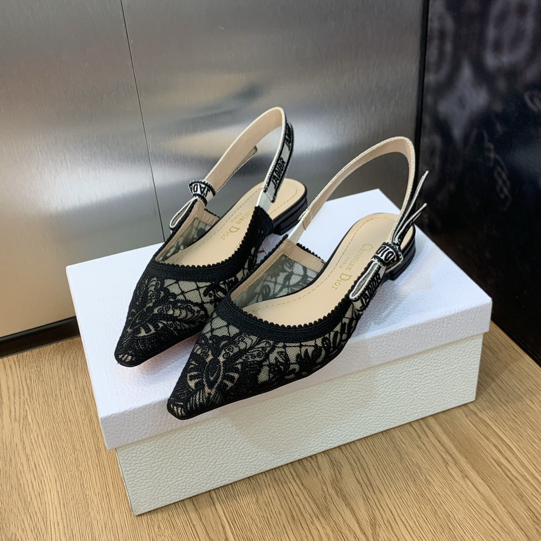 JAdior slingback flat transparent mesh embroidered black butterfly motif