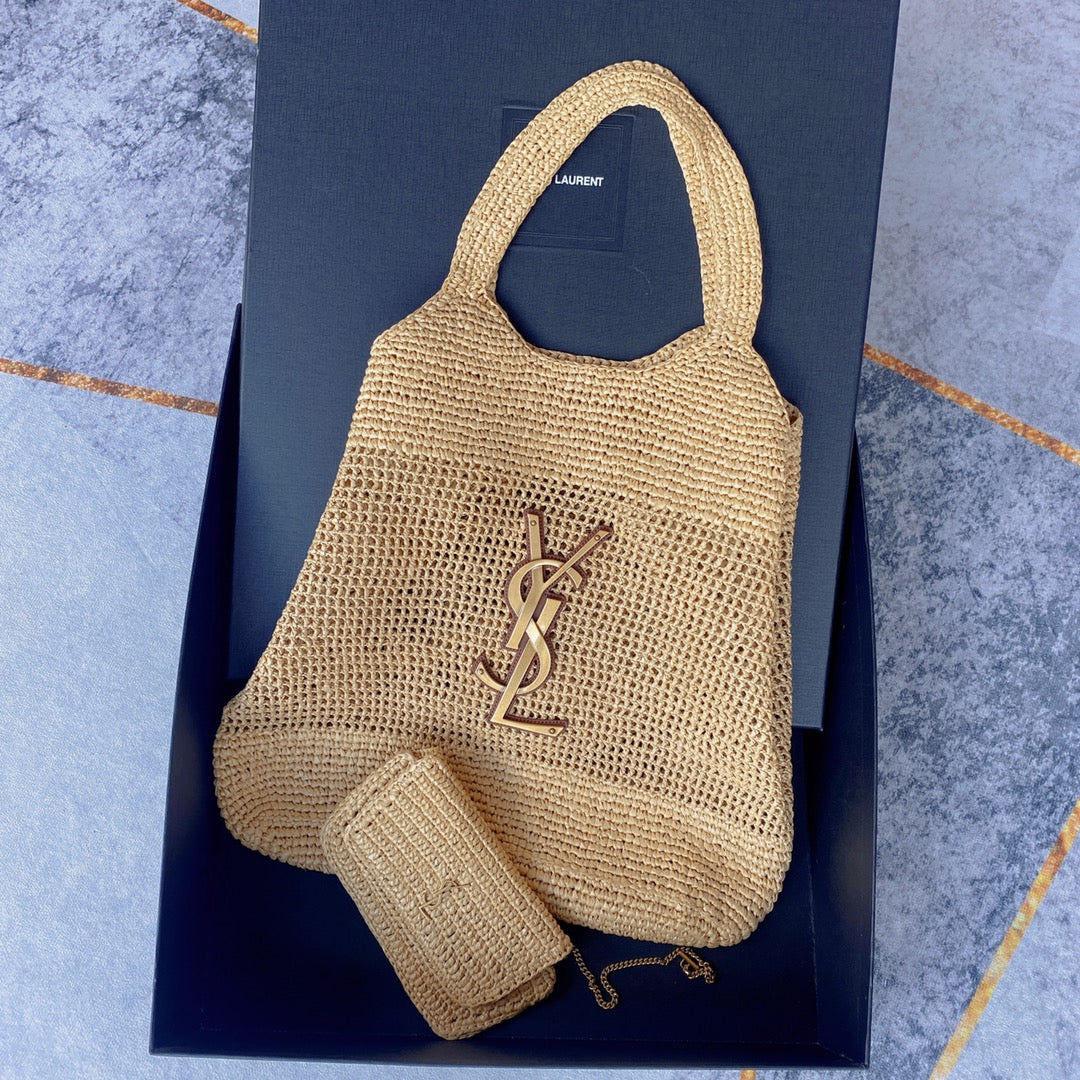 icare 58cm woven raffia calfskin