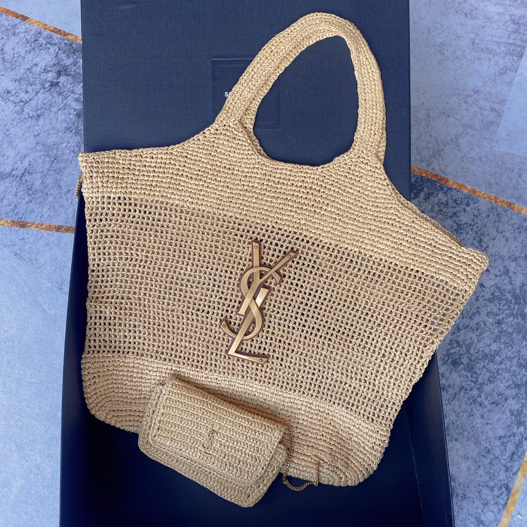 icare 58cm woven raffia calfskin