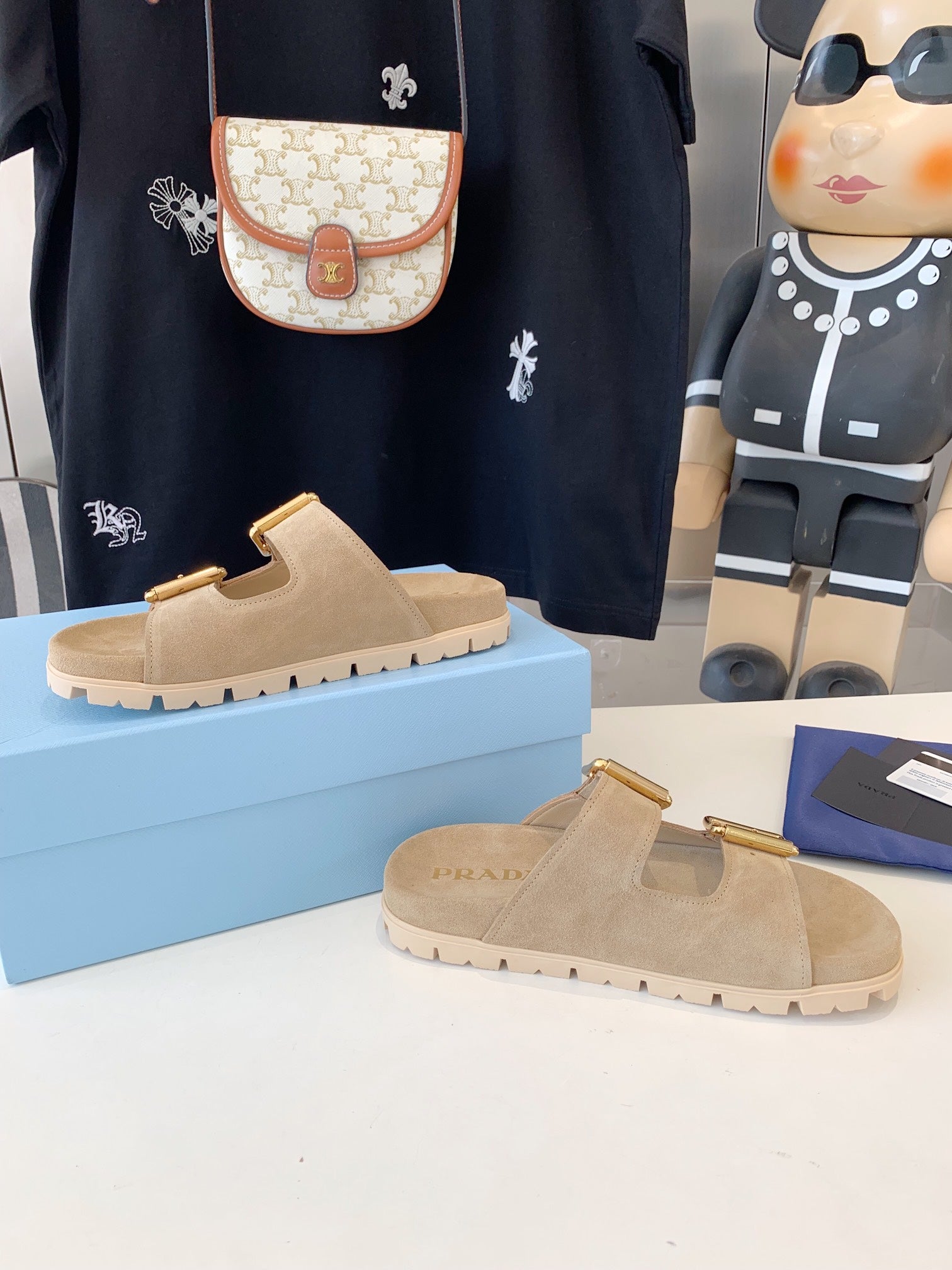PRA STRAP SLIDES SANDALS SUEDE