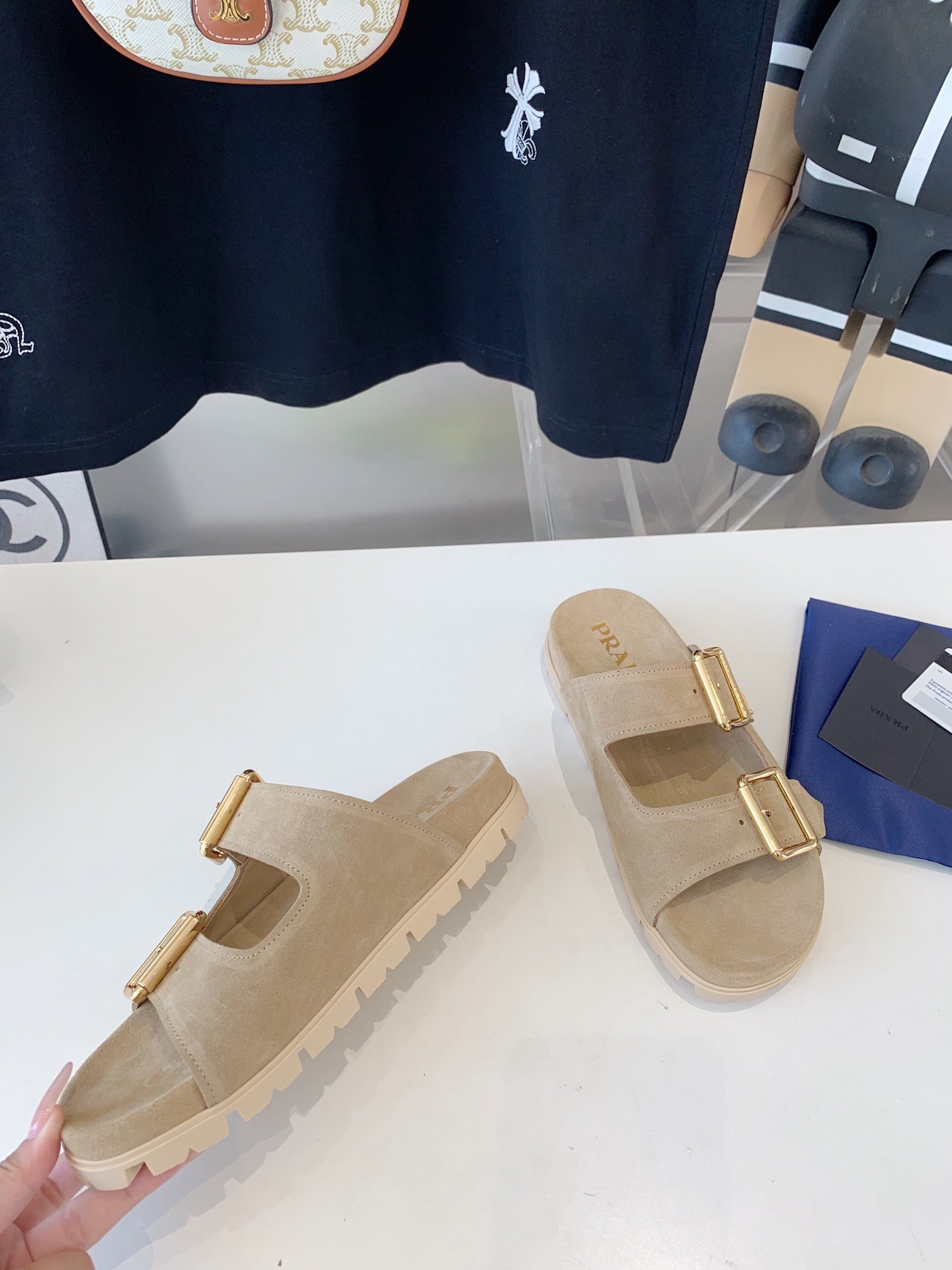 PRA STRAP SLIDES SANDALS SUEDE