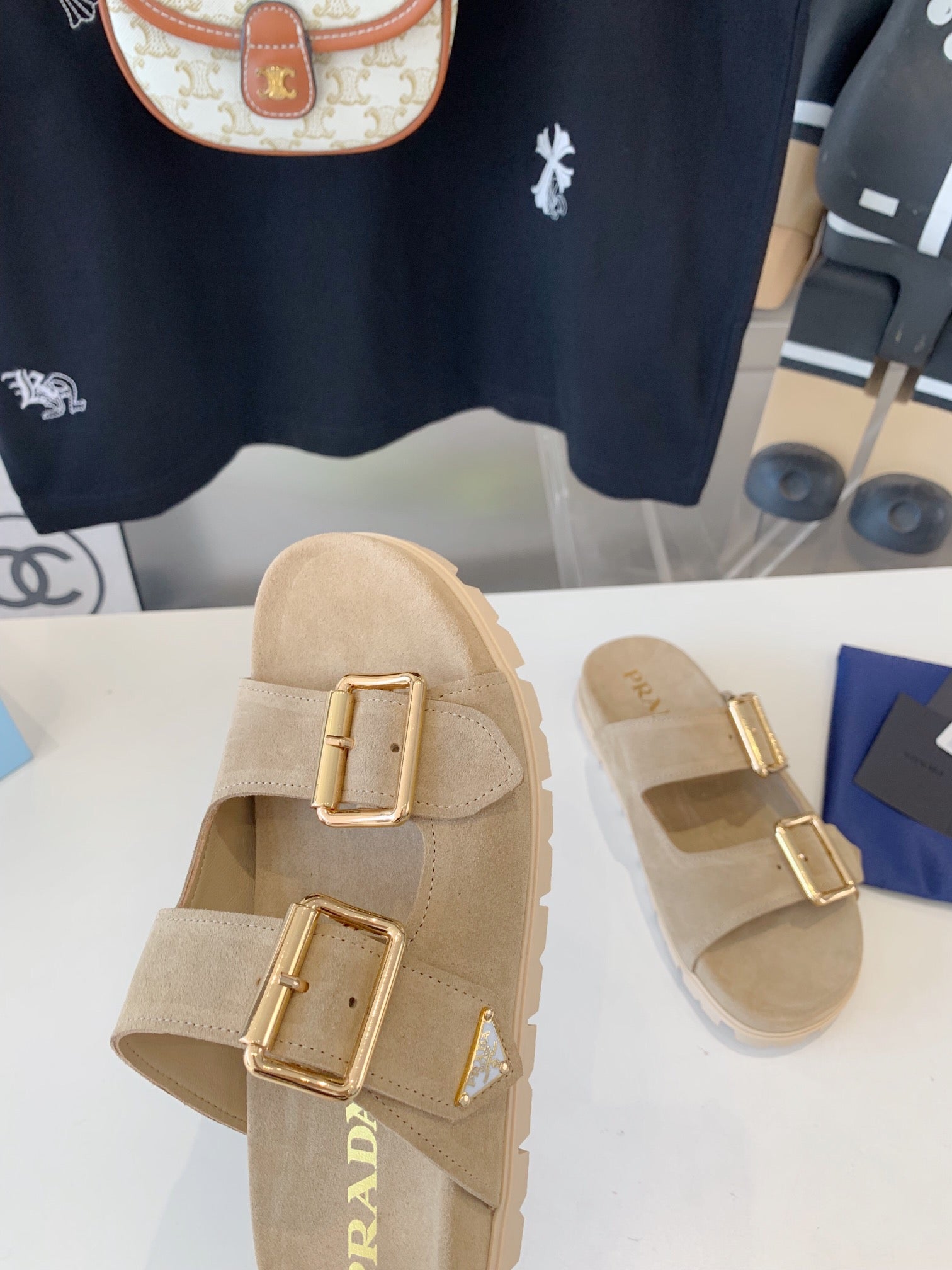 PRA STRAP SLIDES SANDALS SUEDE