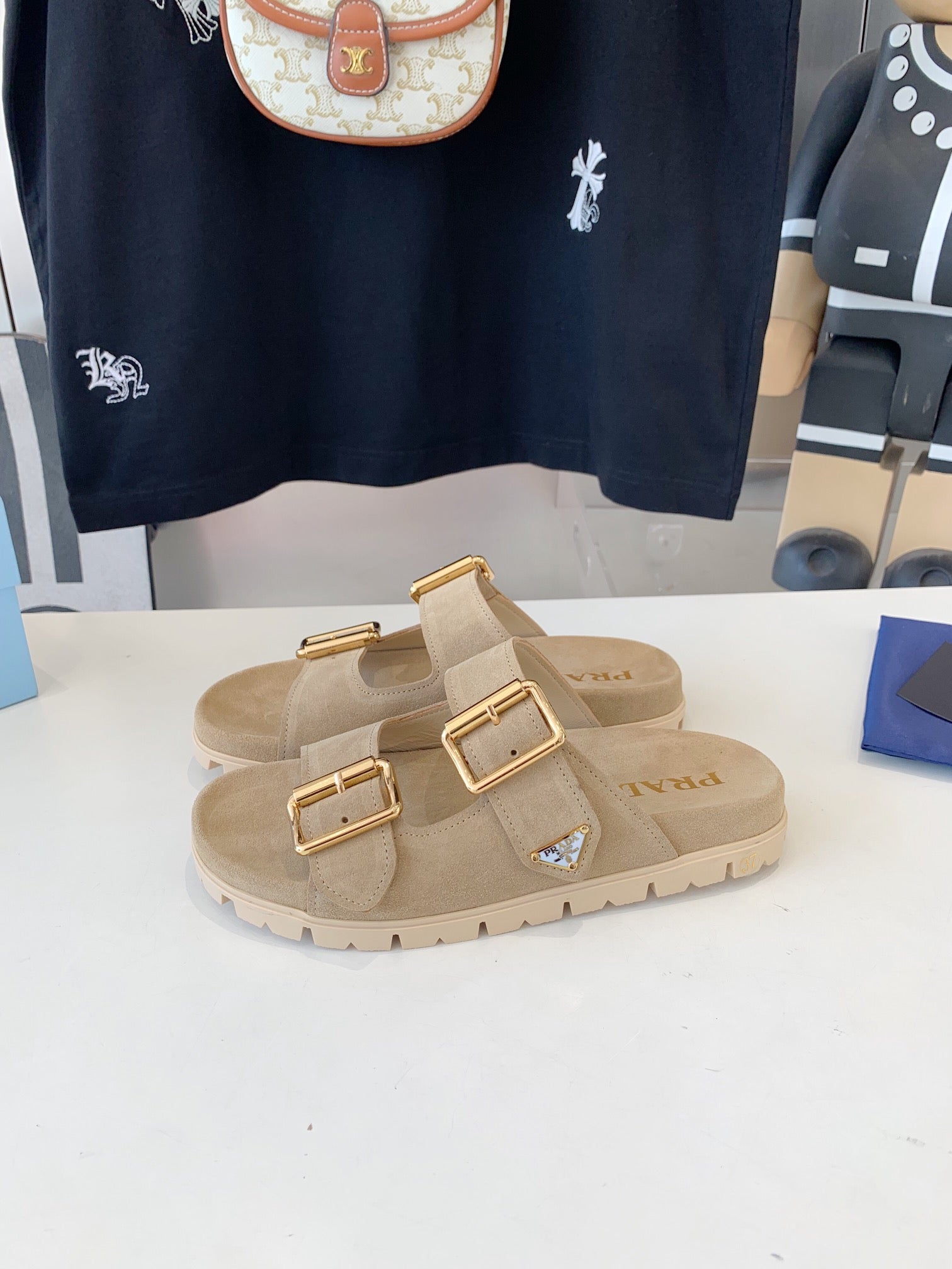 PRA STRAP SLIDES SANDALS SUEDE