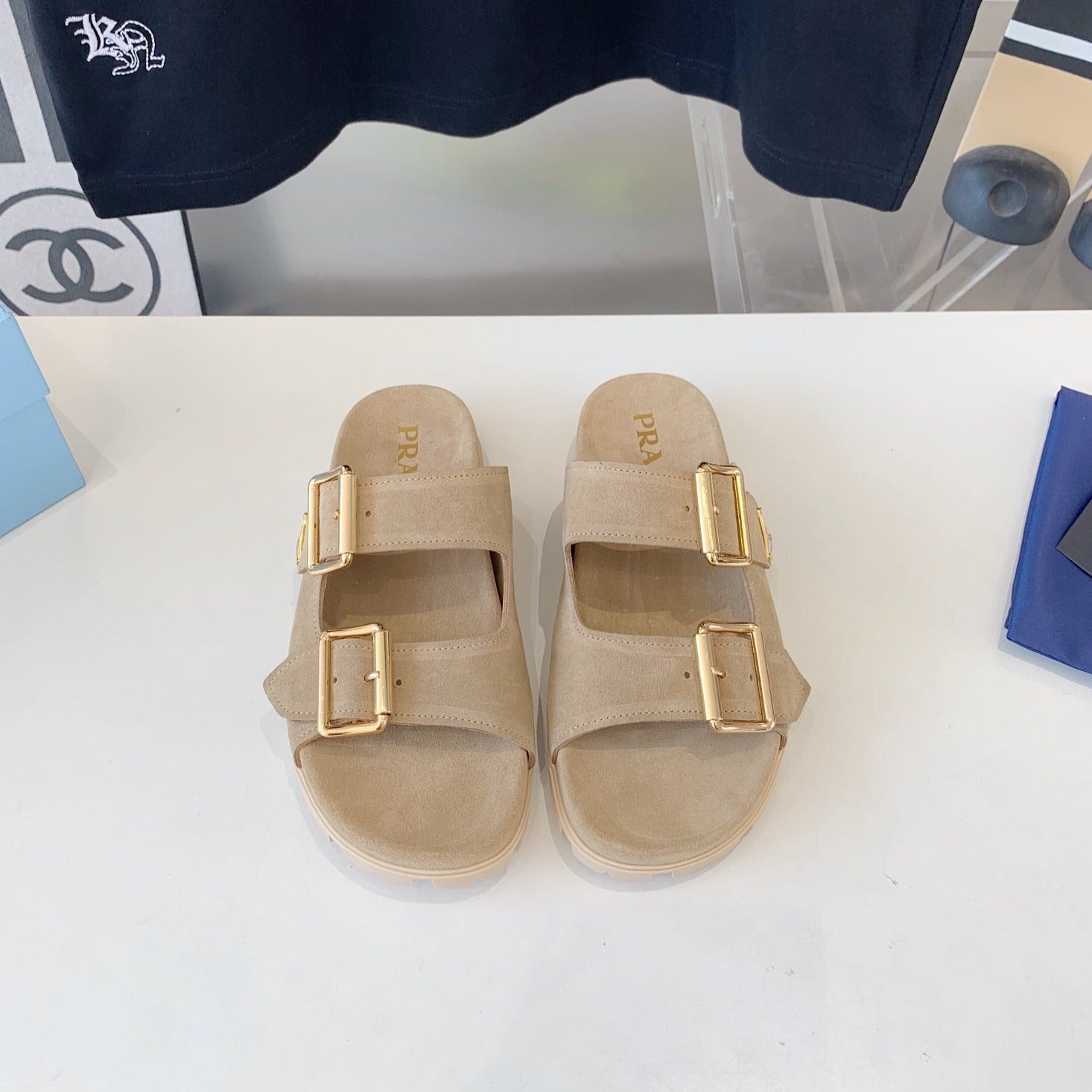PRA STRAP SLIDES SANDALS SUEDE