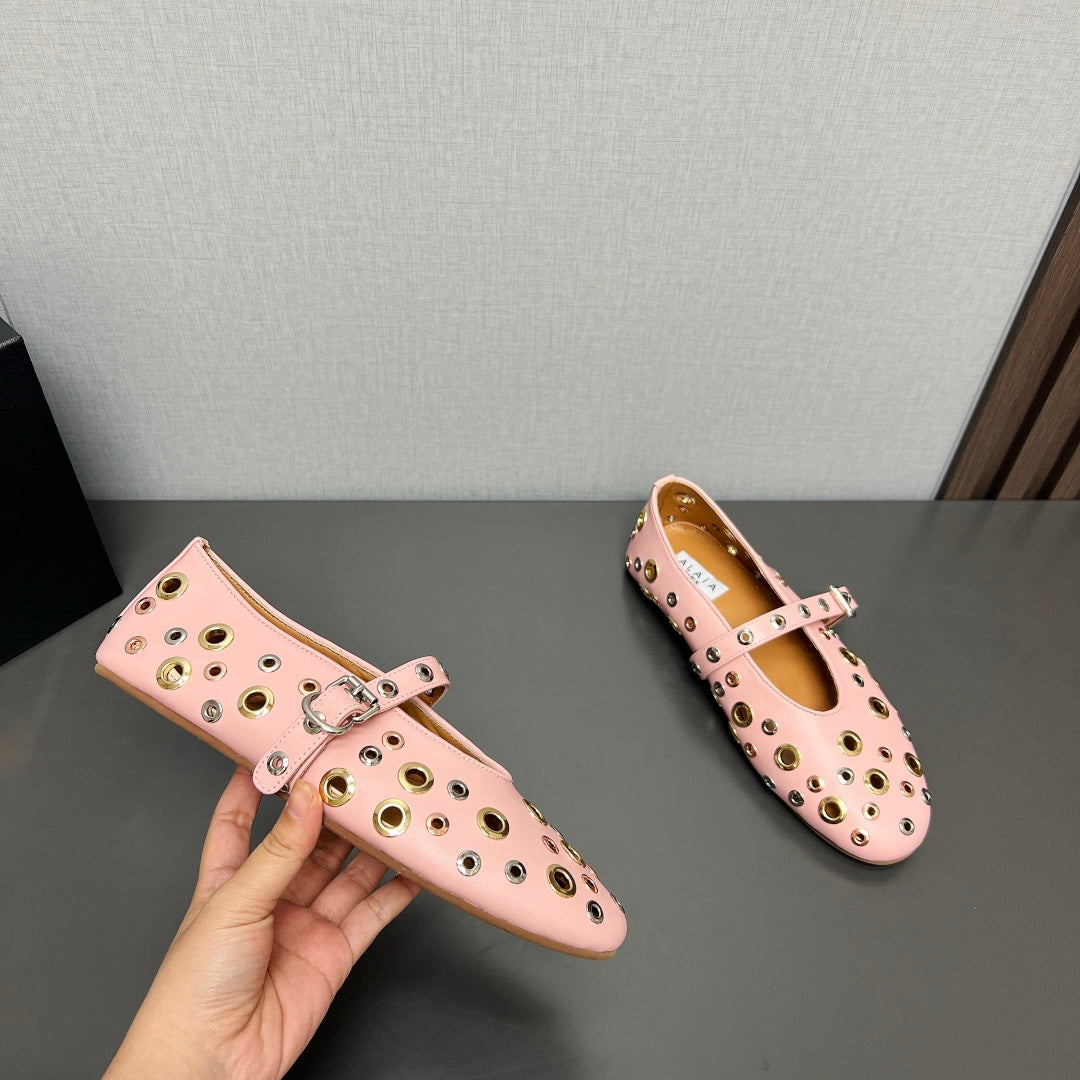 ALAIA MARY JANE SHOES IN LIGHT PINK LAMBSKIN GOLD MIX SILVER HARDWARE
