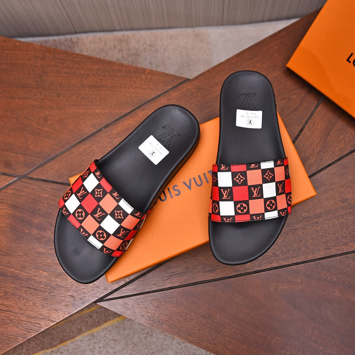 LV MULE RED MIX ORANGE DAMIER MONOGRAM CALFSKIN