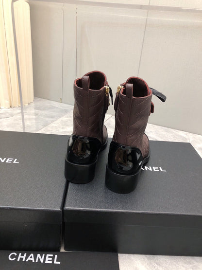 CC Short Boots 45mm In Brown Red Mix Black Quilted Lambskin And Glossy Cowhide 950033