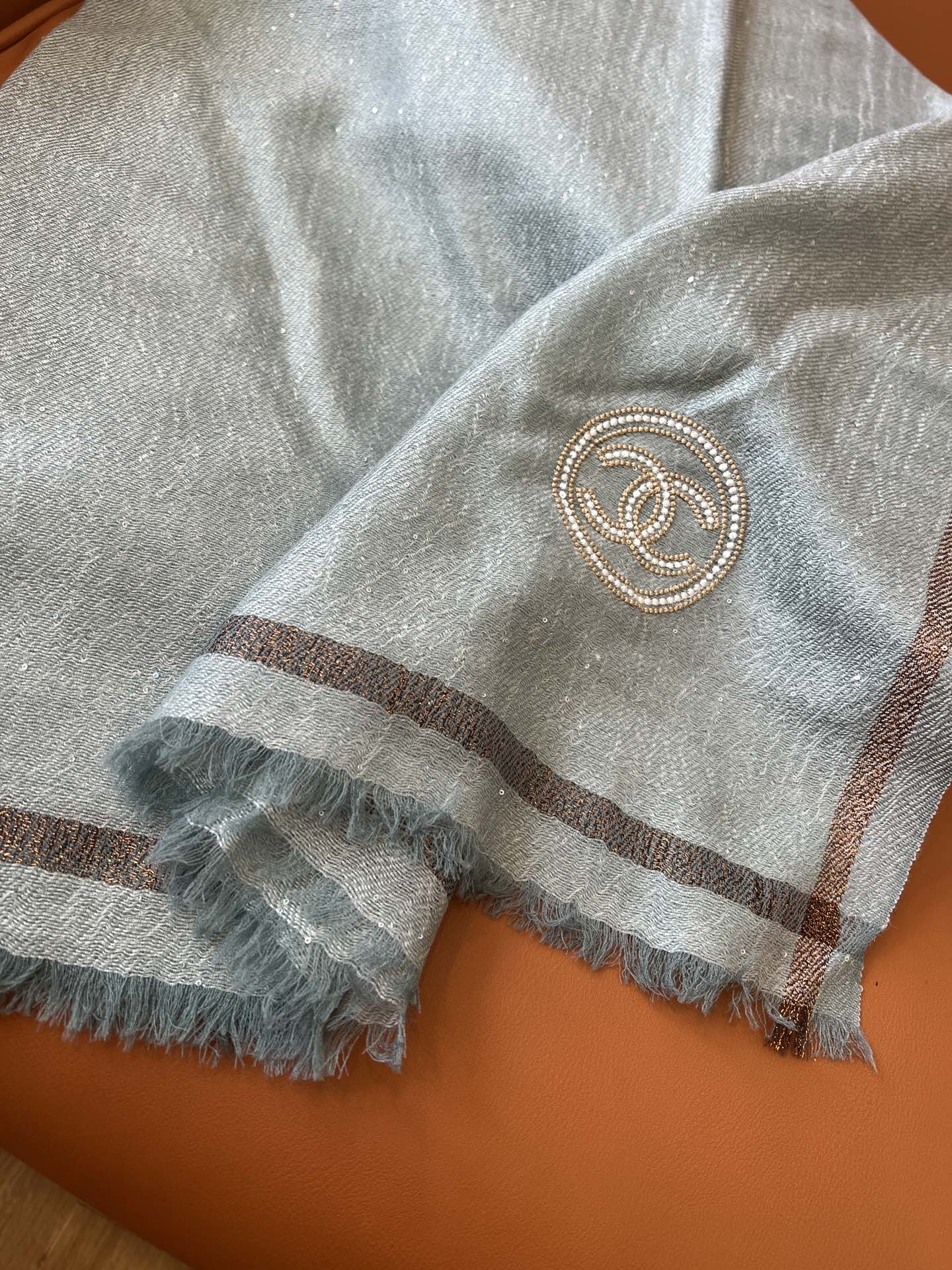 CC Square Scarf 100 CM In Grey Blue Cashmere And Wool Mix Sequin Fabric 345993