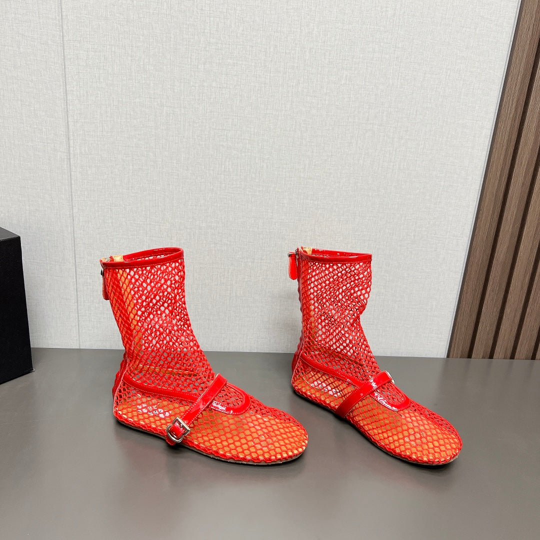 ALAIA SHORT BOOTS IN ORANGE RED MESH FISHNET