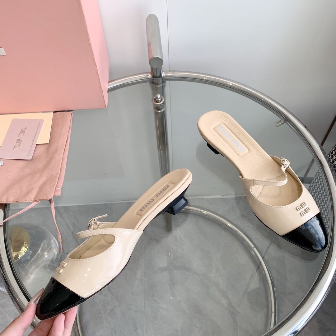 Miu Sandals Square Heel Shoes Beige Leather