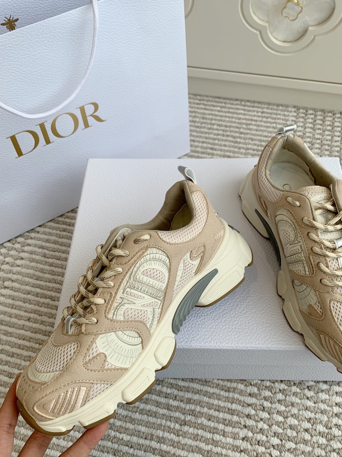 CD Chrono Sneaker In Light Brown And Ivory White Mesh Fabric And Suede 105379
