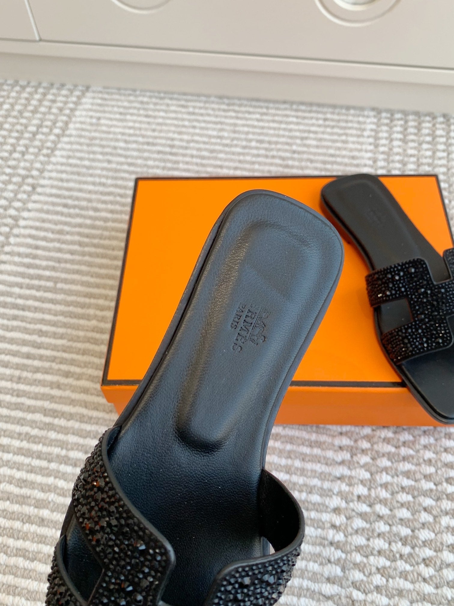 HM Oran Rhinestone Sandals Black Suede Goatskin 291391