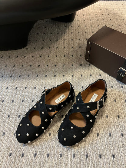 Alaia 25 Criss Cross With Stud Ballet Flats Black Suede Sheepskin  303693