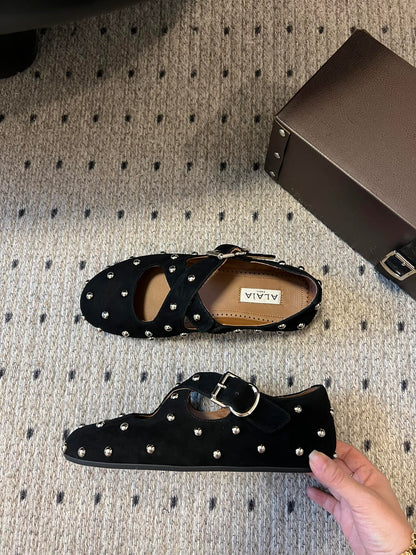 Alaia 25 Criss Cross With Stud Ballet Flats Black Suede Sheepskin  303693