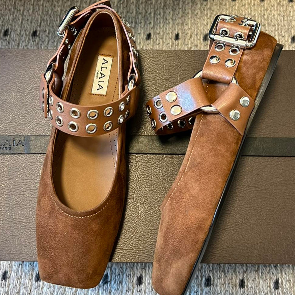 Alaia 25 Biker Ballet Flats Brown Chocolate  Suede 303730