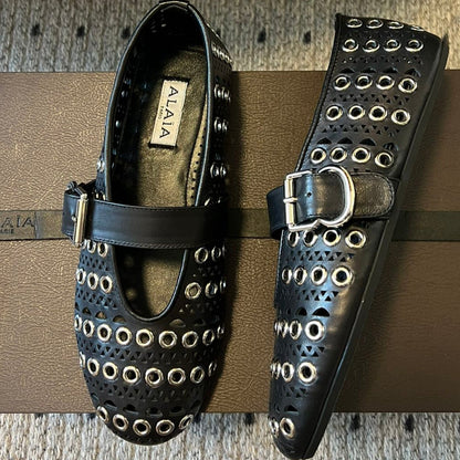 Alaia 25 Vienne With Eyelets Ballet Flats Black Lambskin 303720