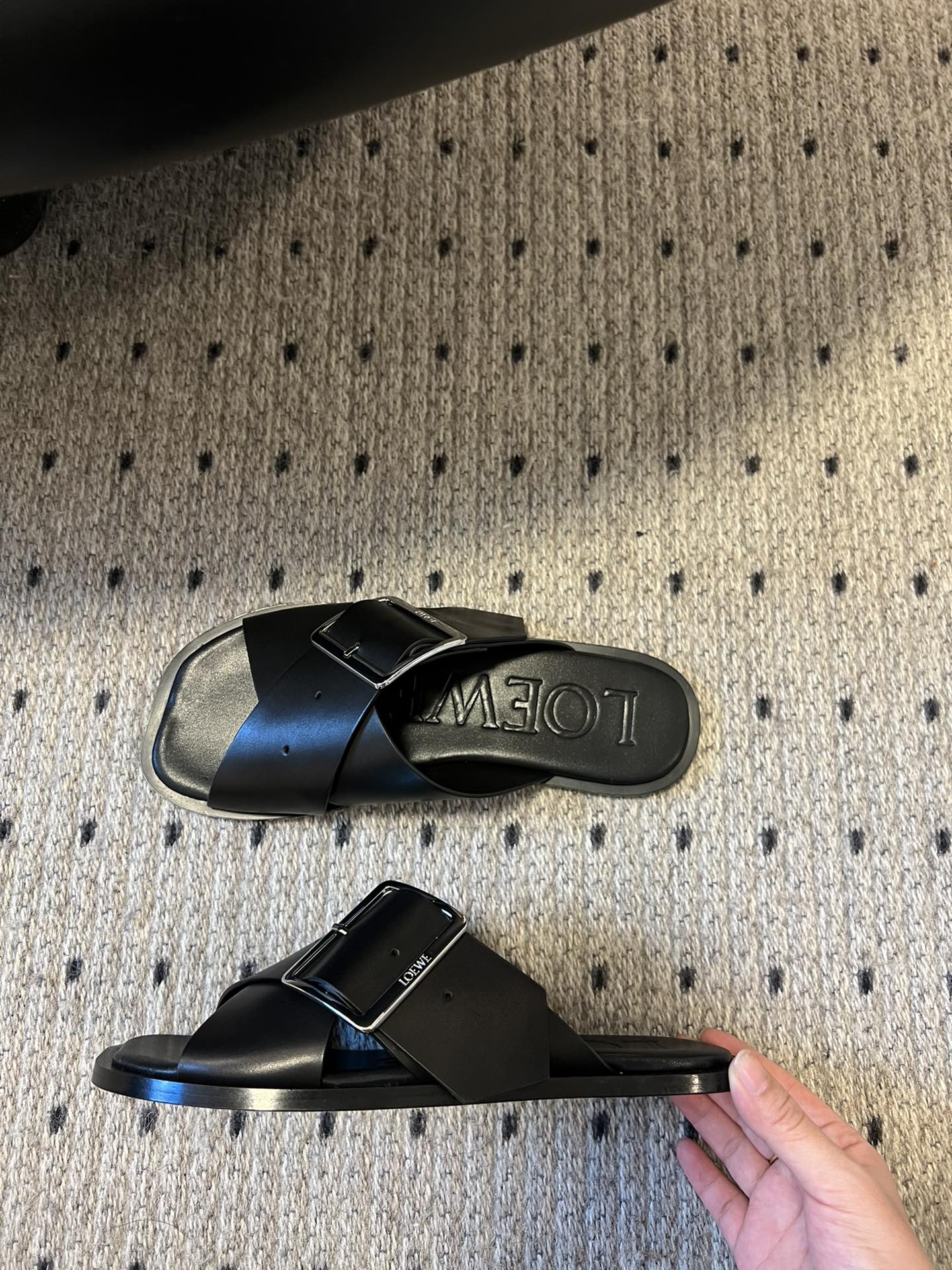 Loewe 25 Petal Belt Flat Sandals Black Sheepskin
