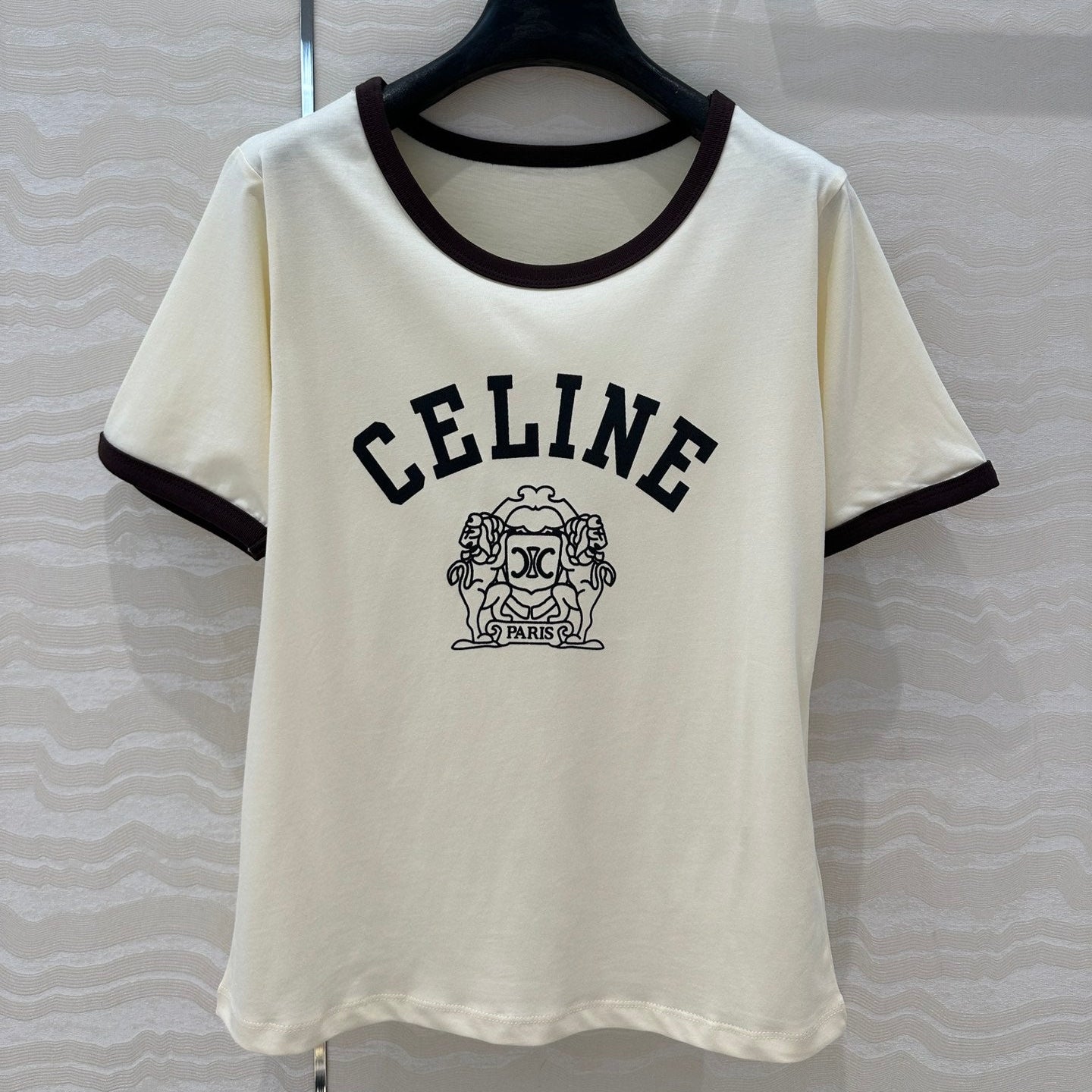 Celine 25 Arc de Triomphe Letter Short Sleeve T-shirt Cream mix Black Cotton