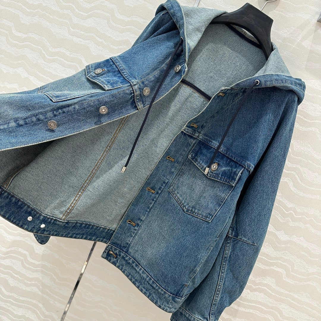 CD Ripped Straight Hooded Jacket Blue Cotton