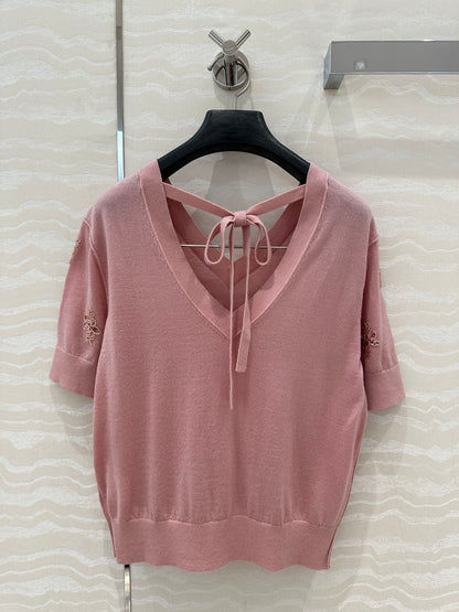 Fendi Beaded Flower V-neck Knitted Small Top Pink Wool