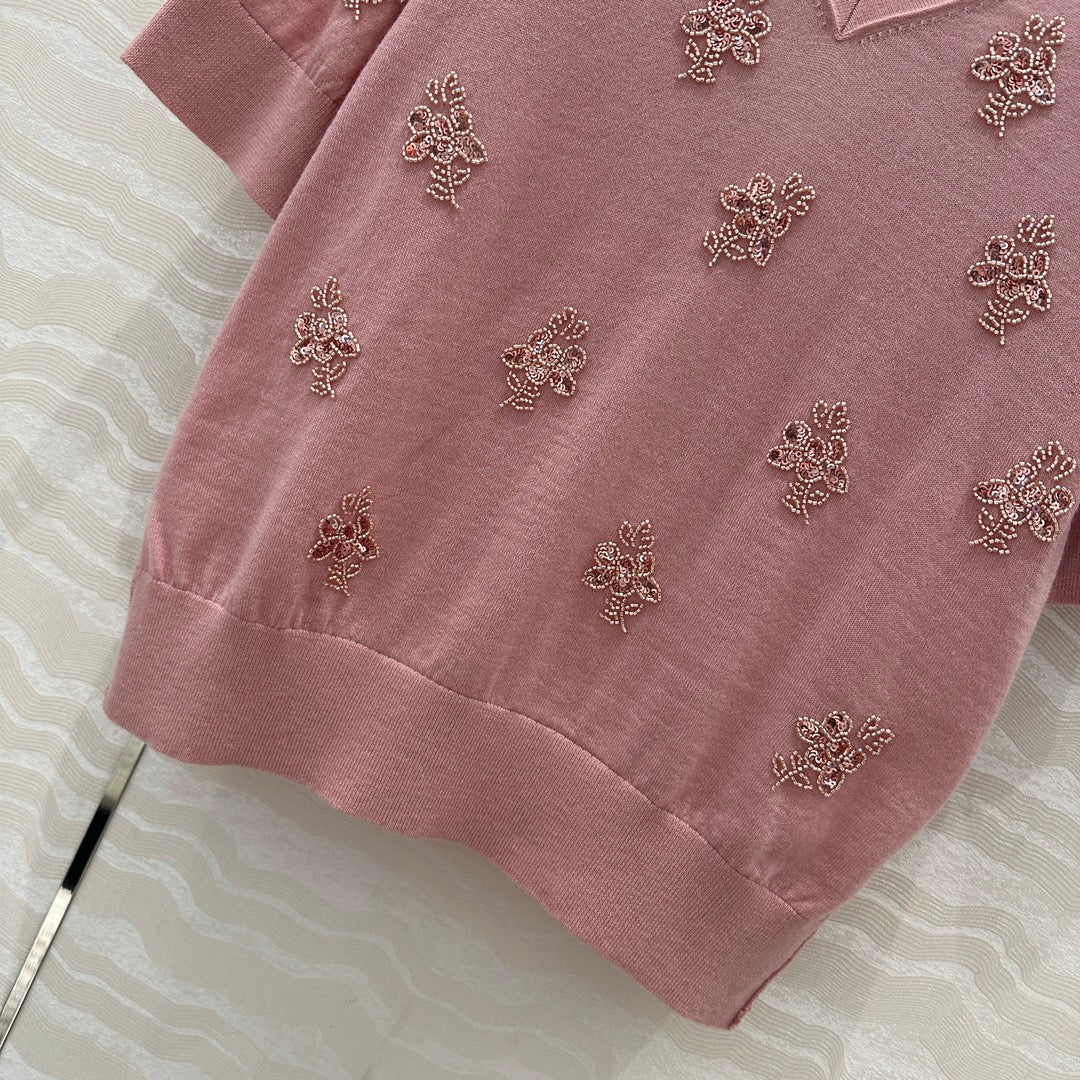 Fendi Beaded Flower V-neck Knitted Small Top Pink Wool