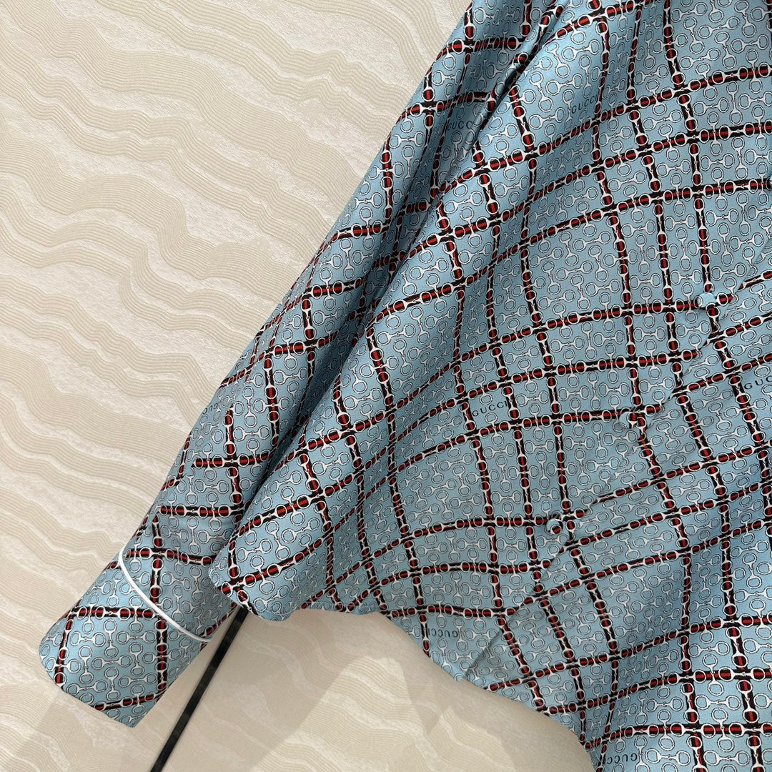 Gucci 25 Monogram Shirt Blue Red Silk