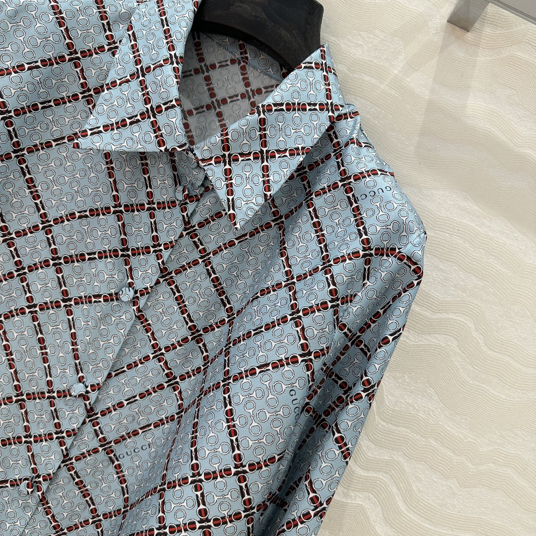 Gucci 25 Monogram Shirt Blue Red Silk