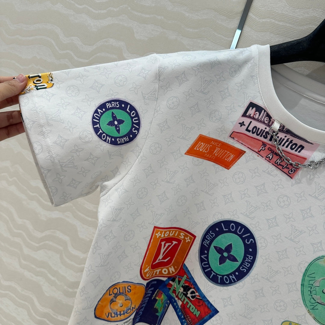 LV  Pattern Logo Positioning Poster Badge Printed  T-shirt White Cotton