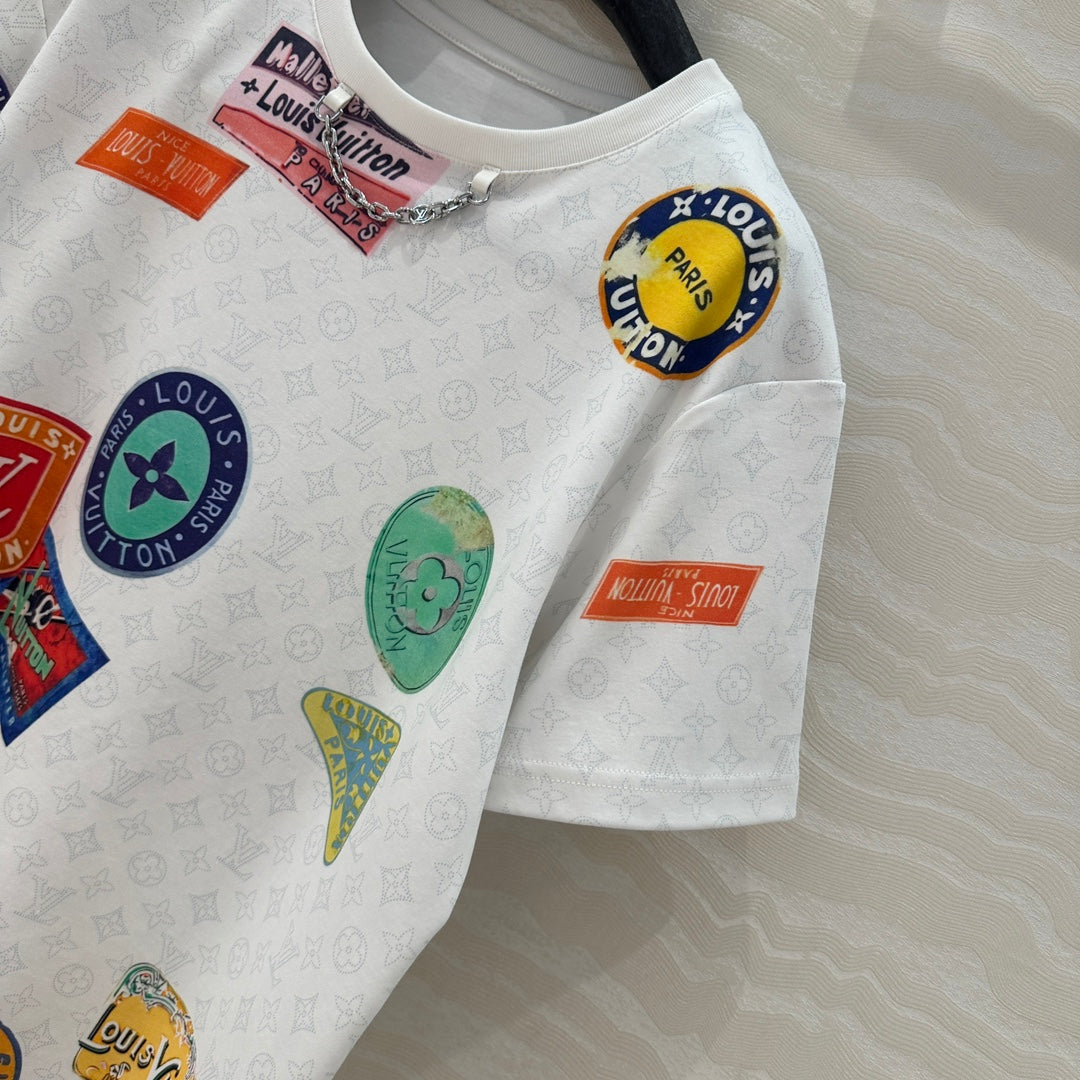 LV  Pattern Logo Positioning Poster Badge Printed  T-shirt White Cotton