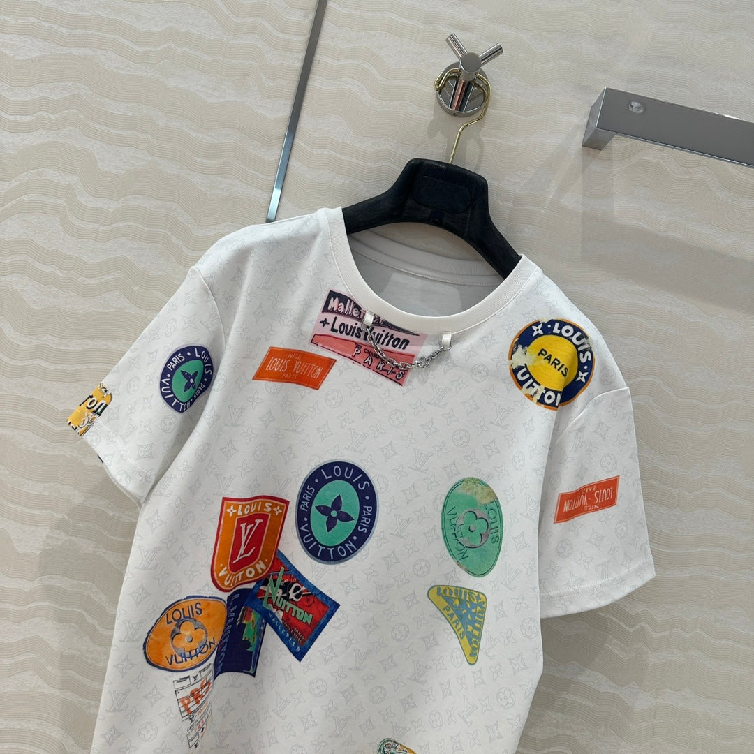 LV  Pattern Logo Positioning Poster Badge Printed  T-shirt White Cotton