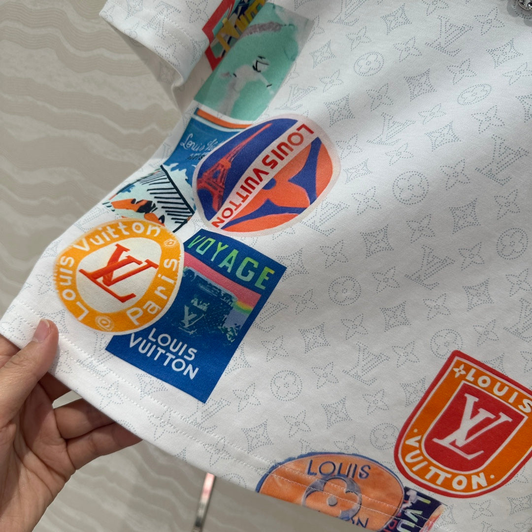 LV  Pattern Logo Positioning Poster Badge Printed  Croptop Shirt White Cotton