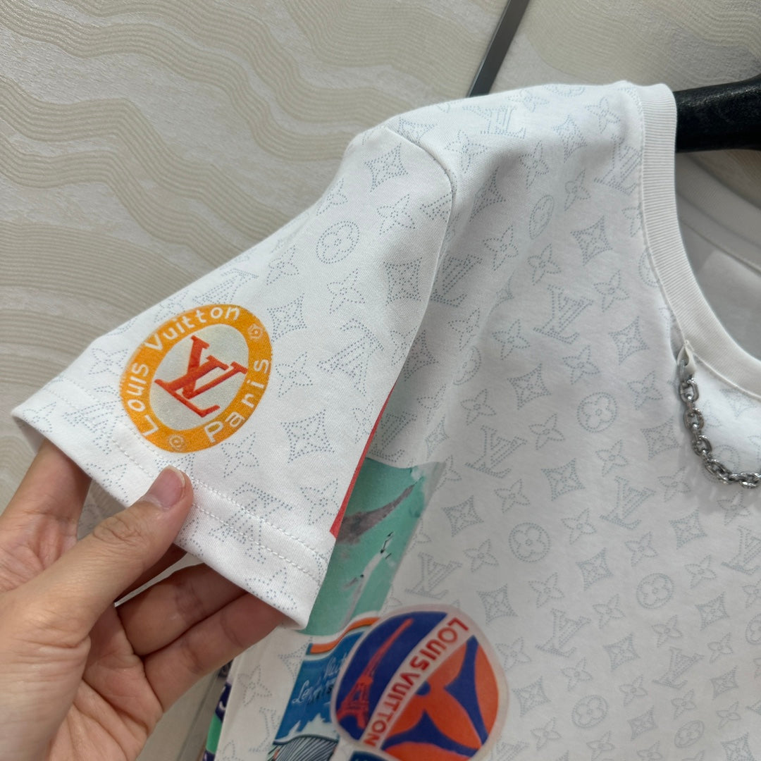 LV  Pattern Logo Positioning Poster Badge Printed  Croptop Shirt White Cotton