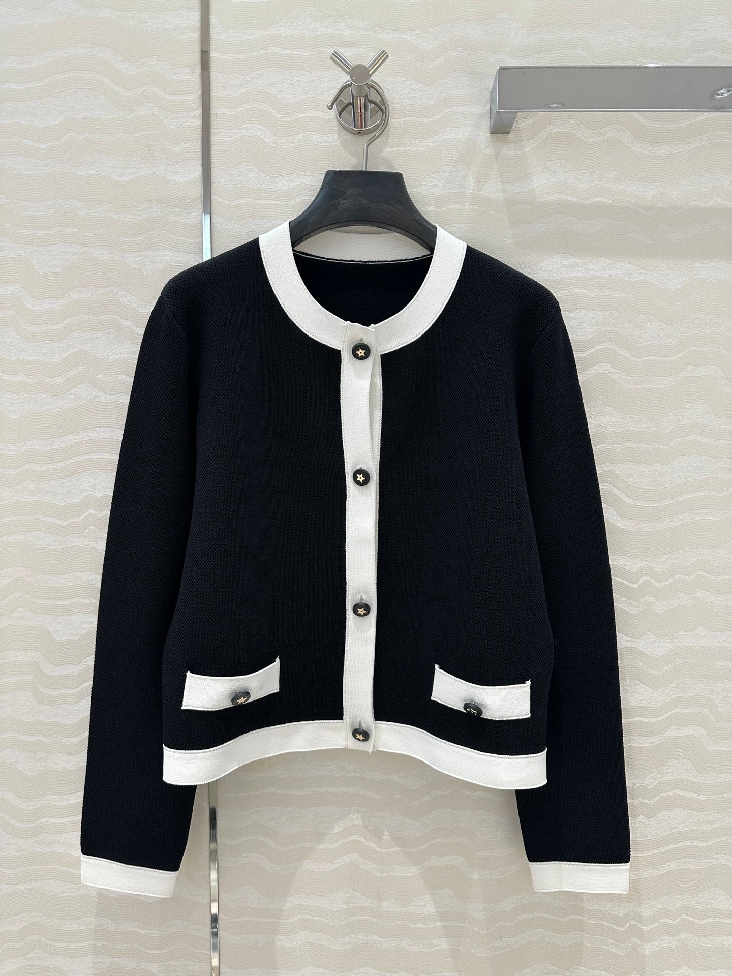 CD Round Neck Cardigan Jacket Black Wool Cotton