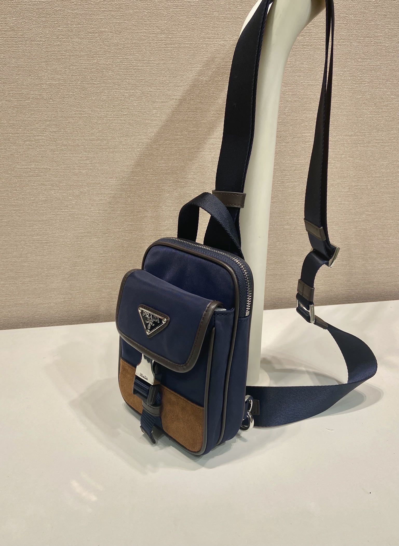 Prada 2026 Mobile Phone Chest Bag Blue Brown Recycled Nylon With Saffiano Leather