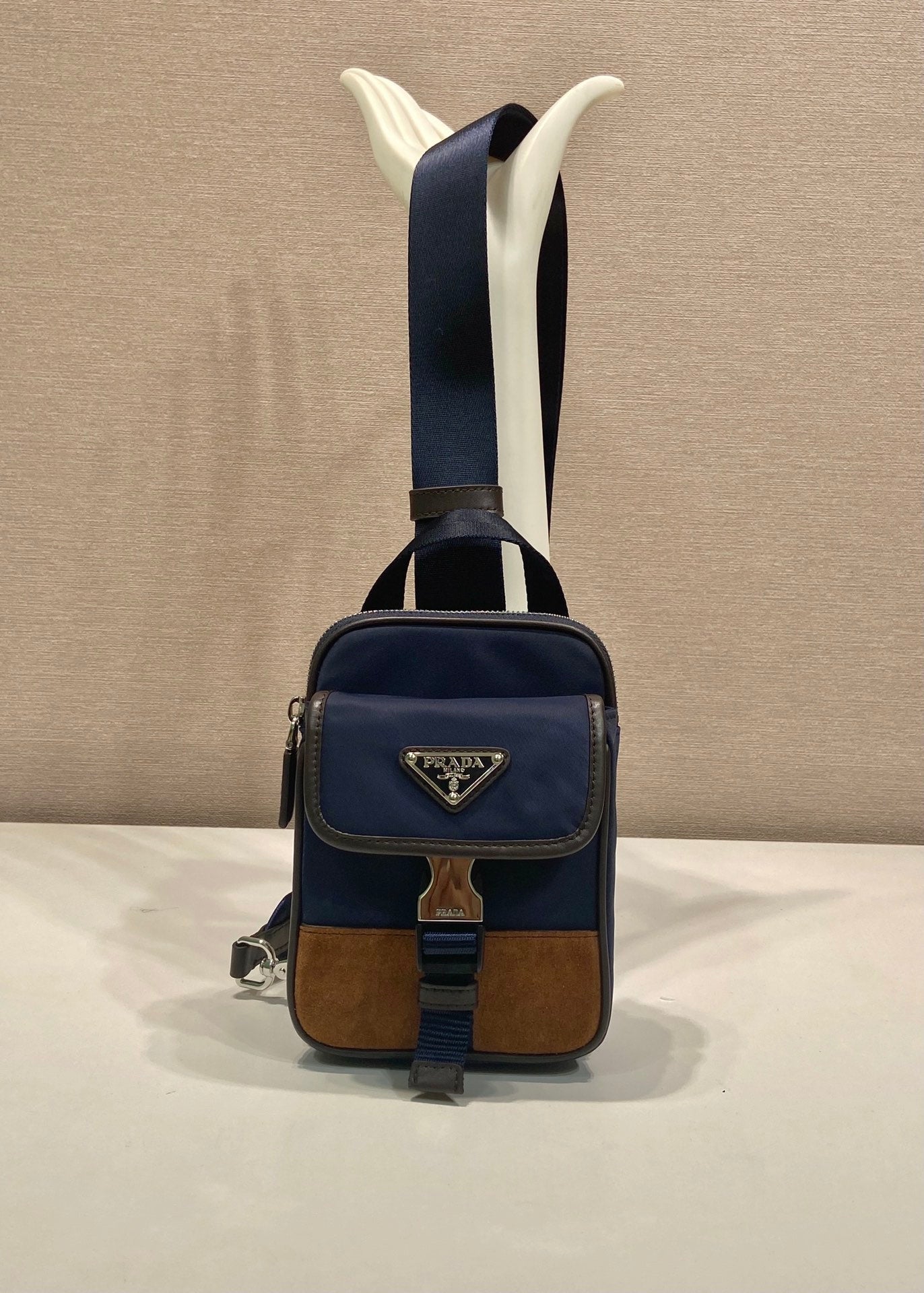 Prada 2026 Mobile Phone Chest Bag Blue Brown Recycled Nylon With Saffiano Leather